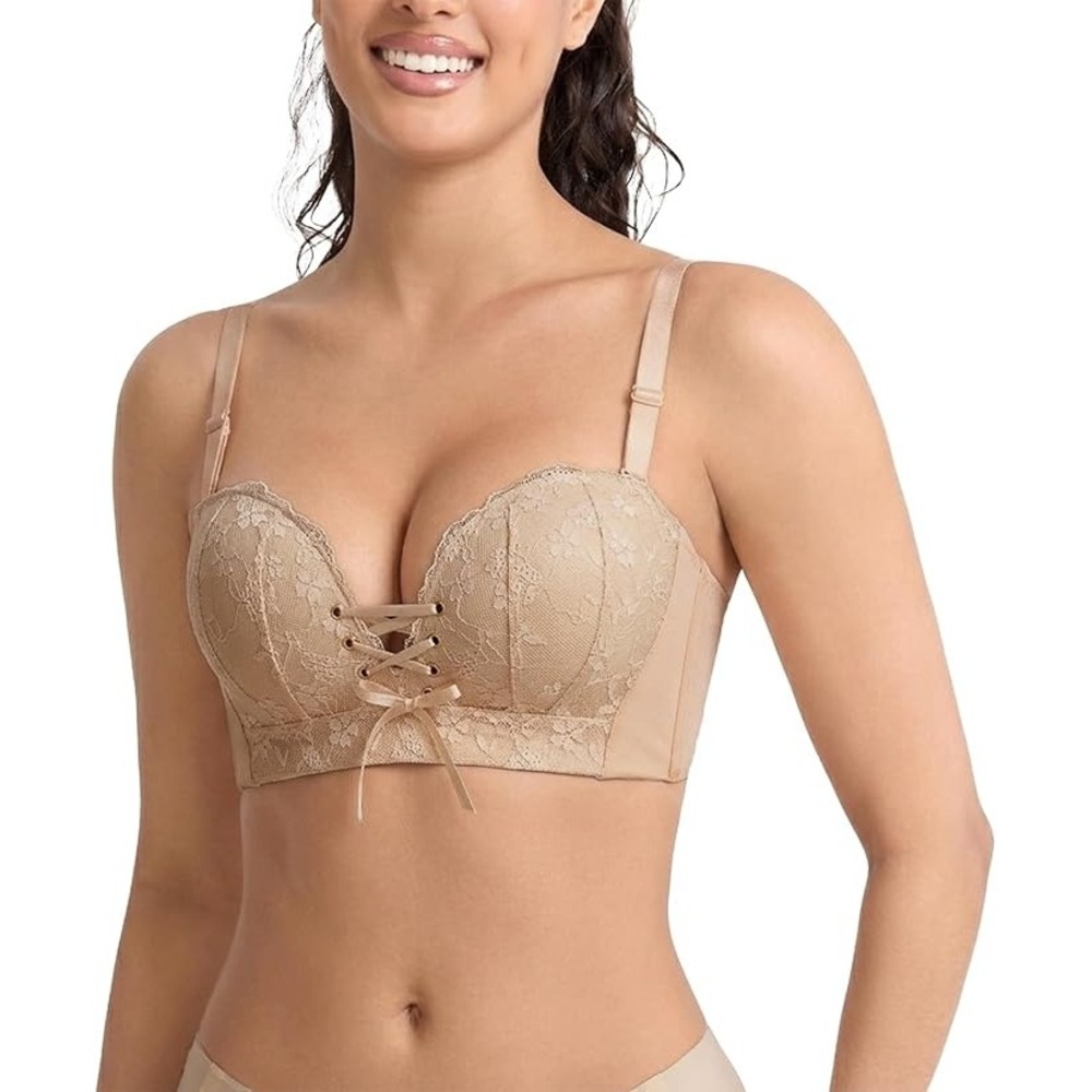 FallSweet Add 2 Cup Sizes Push Up Bra Floral Lace Front Tie Beige 36